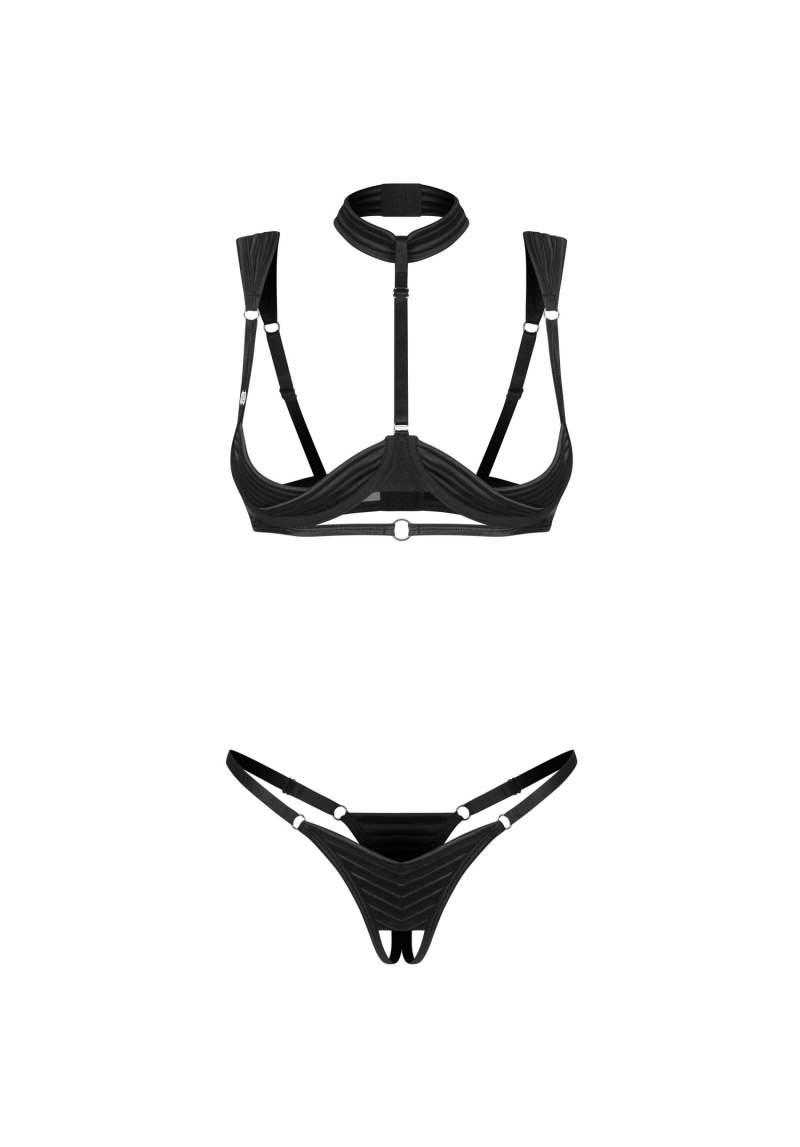 Set Set sexy format dintr-un sutien si un thong cu decupaj in zona intima Obsessive, Negru