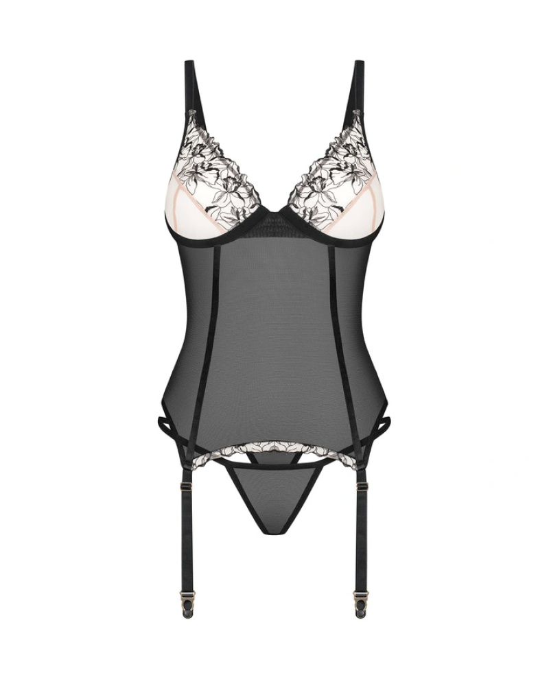 Corset Corset decorat cu broderie florală Obsessive, Negru